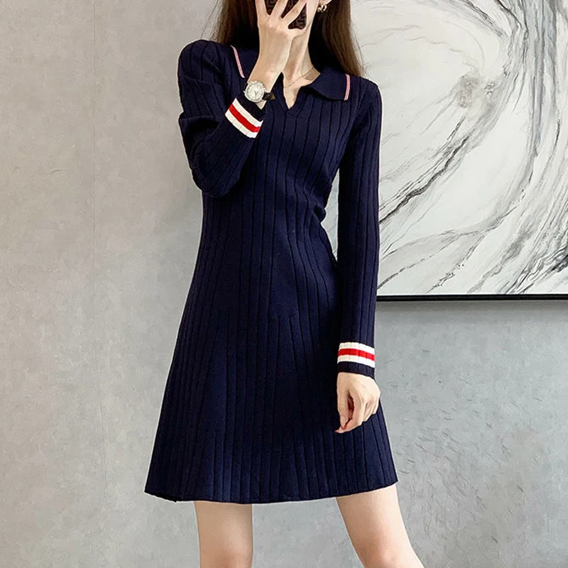 Autumn Winter Women\'s Vintage Striped Elegant Chic Slim Knitted Dresses Korean Fashion High Waist Long Sleeve A Line Midi Dress