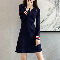 Autumn Winter Women's Vintage Striped Elegant Chic Slim Knitted Dresses Korean Fashion High Waist Long Sleeve A Line Midi Dress