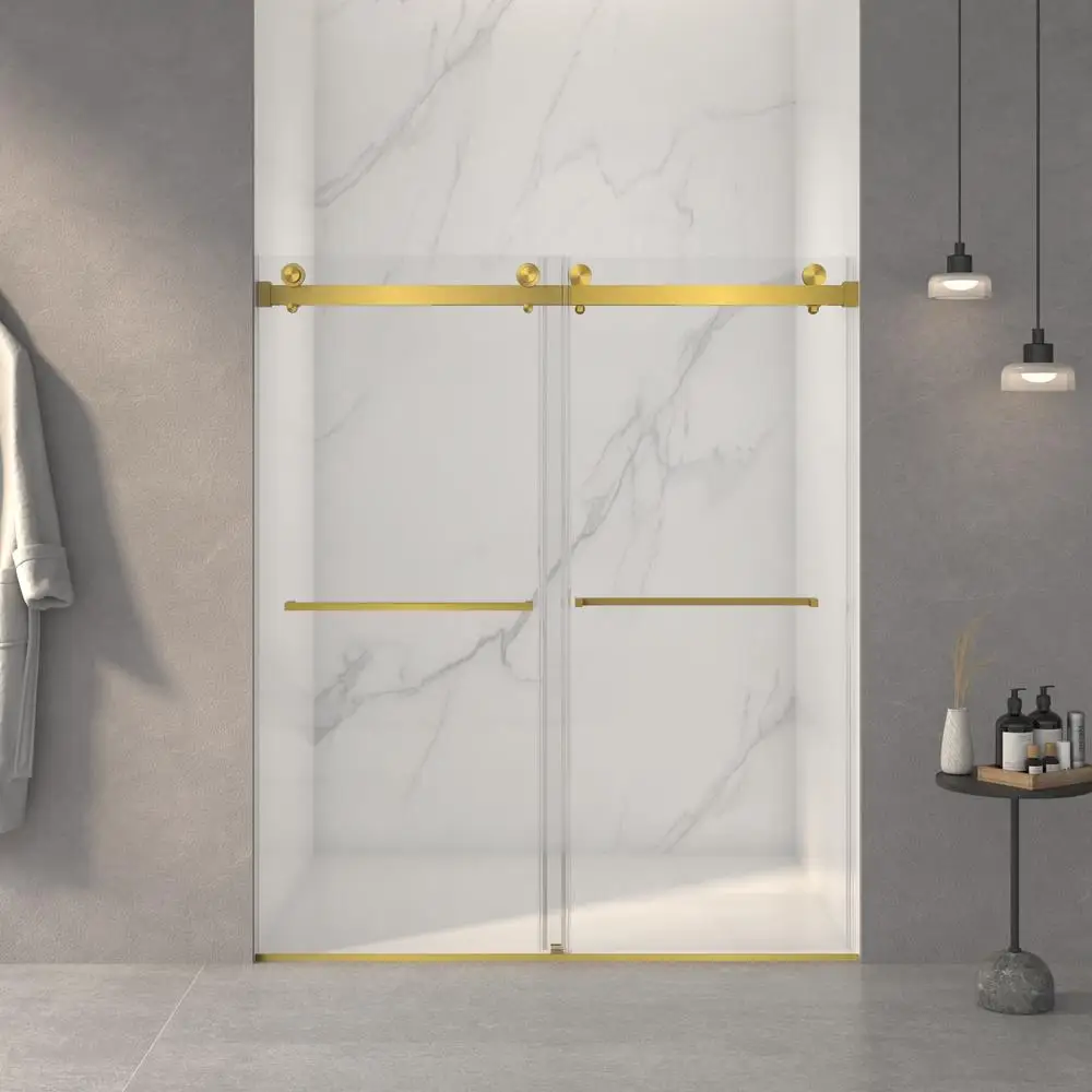 

56-60"W x 70"H Frameless Sliding Shower Door 8mm Tempered Glass Brushed Gold with Easy Clean Coating & Buffer