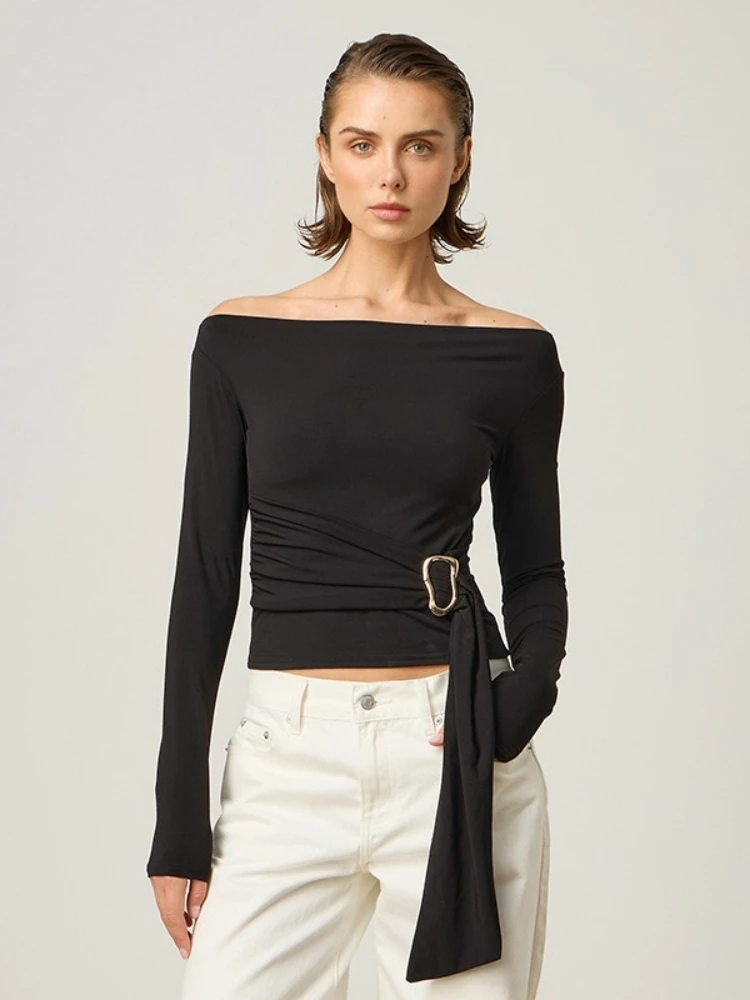 

Футболки с длинным рукавом для женщин, эстетичная одежда, укороченный топ с разрезом на шее, футболка с кисточками, однотонная футболка Camisetas Slim Fit Ropa De Mujer