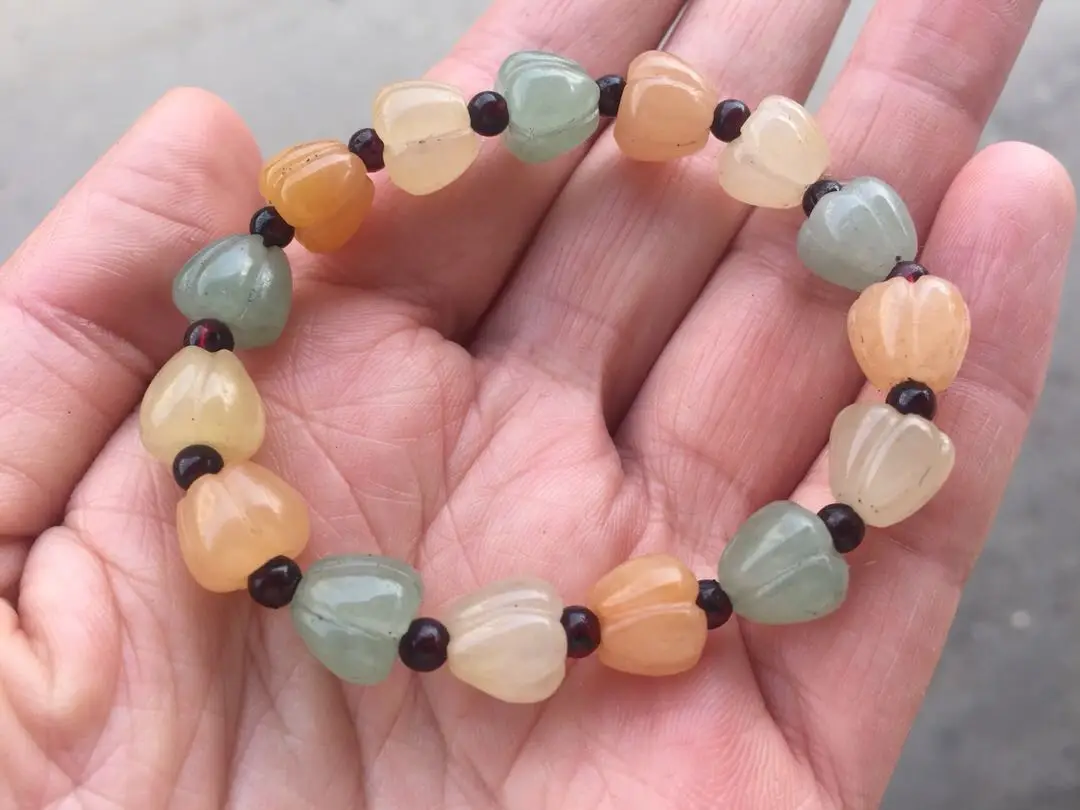

Xinjiang colored jade gold silk jade melon bead bracelet, ancient natural jade bracelet, hand-carved jewelry, women's gift.