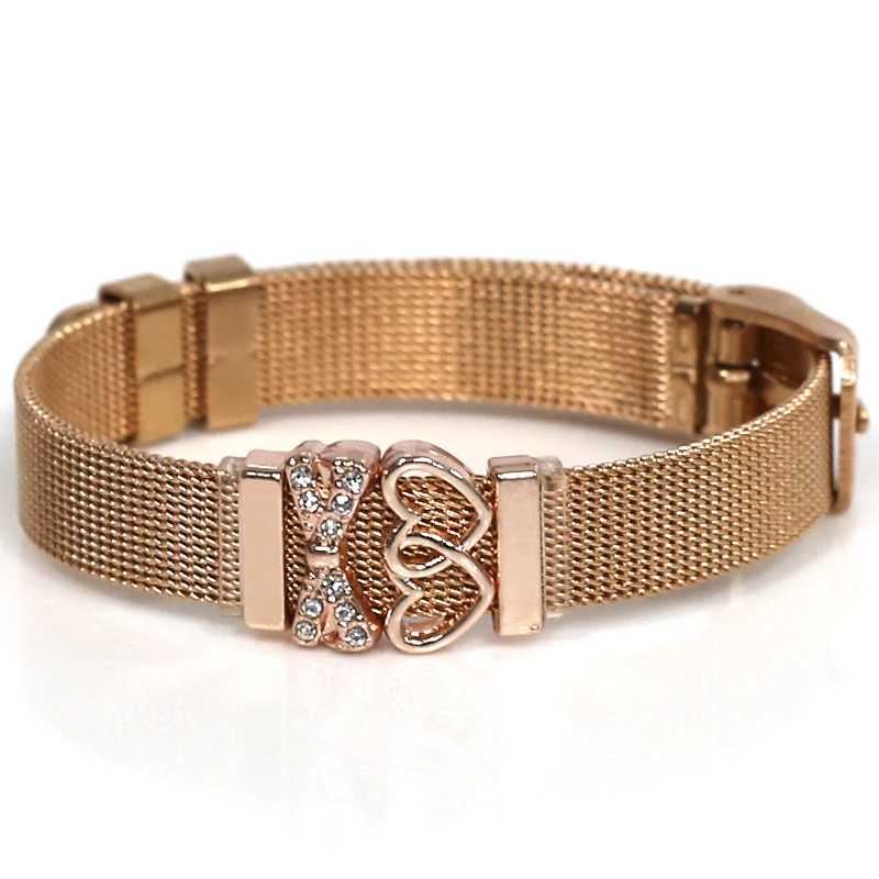 Rose Gold Color Stainless Steel Mesh Watch Belt Bracelet For Women Couple Lover Double Heart Bow Charm Strap Bracelet Bangle