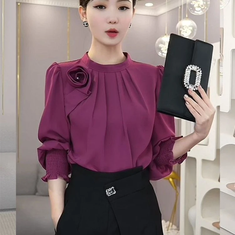 Fashion Long Sleeve Solid Color Blouse Spring Autumn New All-match Loose Office Shirt Tops Temperament Elegant Women Clothing