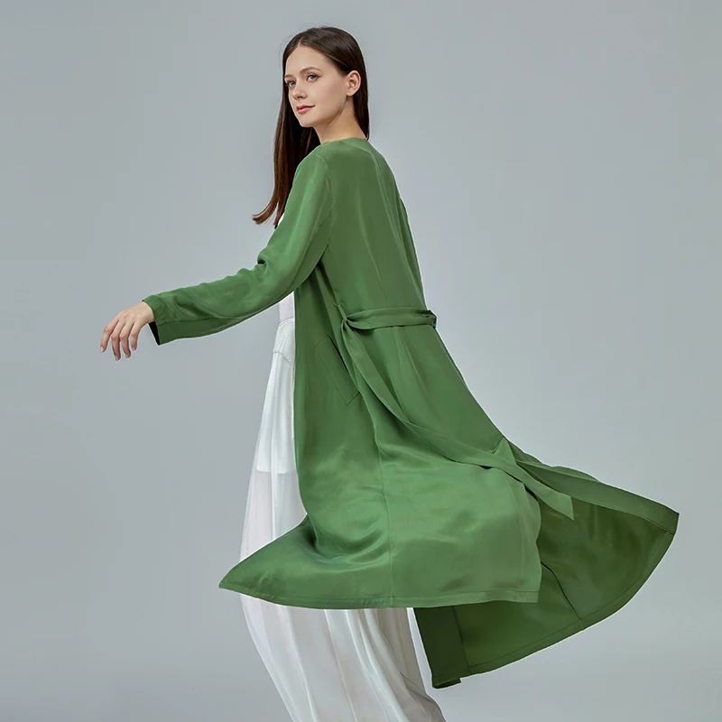 

30m/m Heavy Silk V-Neck Distressed Craftsmanship Green Three-button Long-sleeved Mid-length Skirt Windbreaker Women FE191