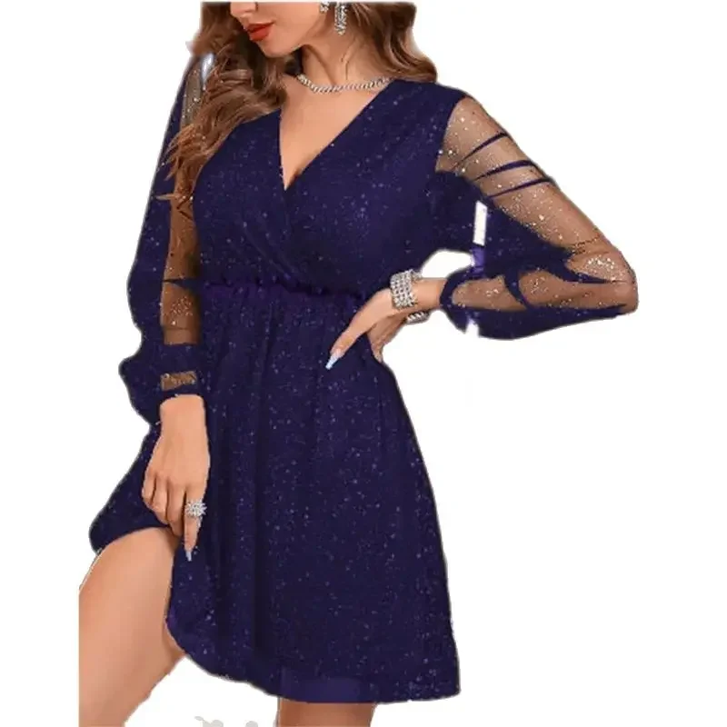 Vestido de manga larga con empalme de malla elegante para mujer, vestido de fiesta a la moda con purpurina, cuello en V profundo, vestido Midi de cintura alta para mujer