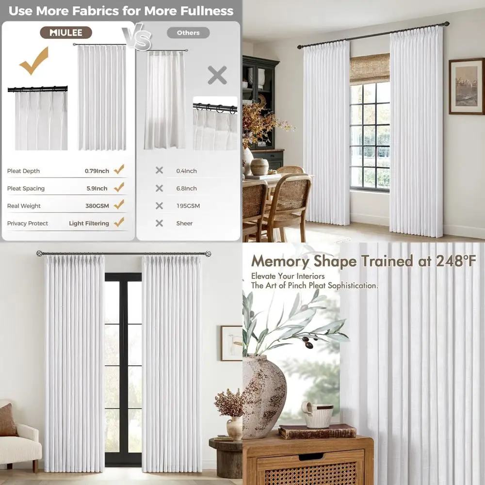 White Linen Pinch Pleat Drapes, 84 Long, 2-Panel Set, Memory Fabric, Light Filtering for Living Spaces