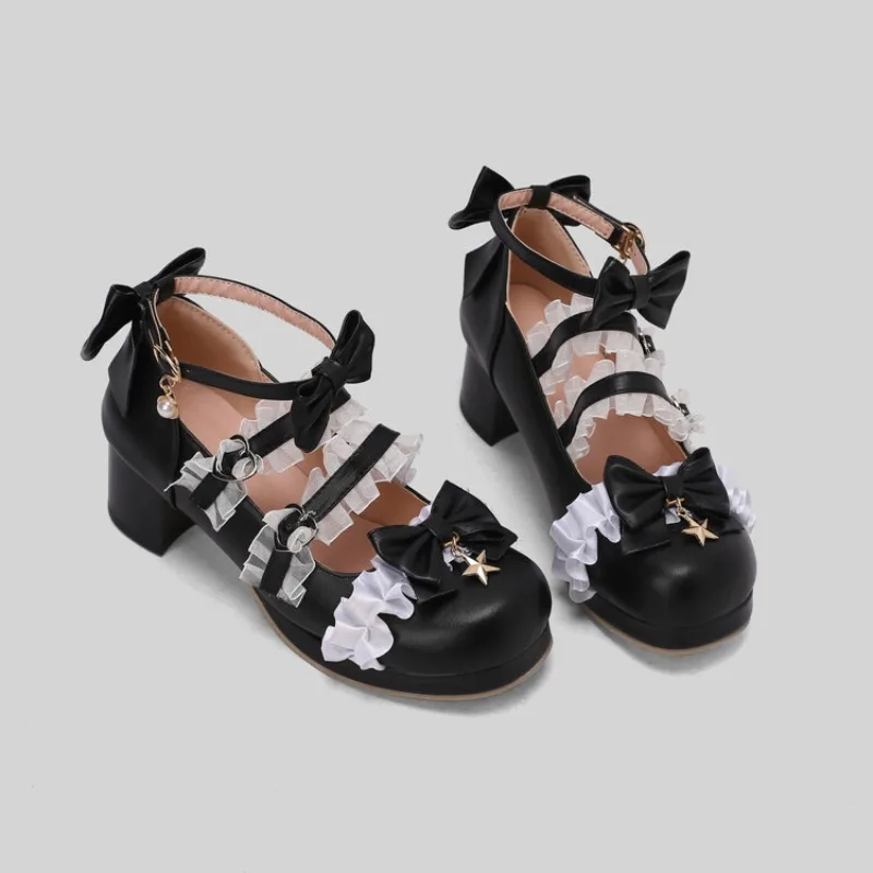 Sweet White Bow Platform High Heel Lolita Mary Jane Shoes Women Princess Pumps Plus Size EU34-48 Daily Dress Shoes