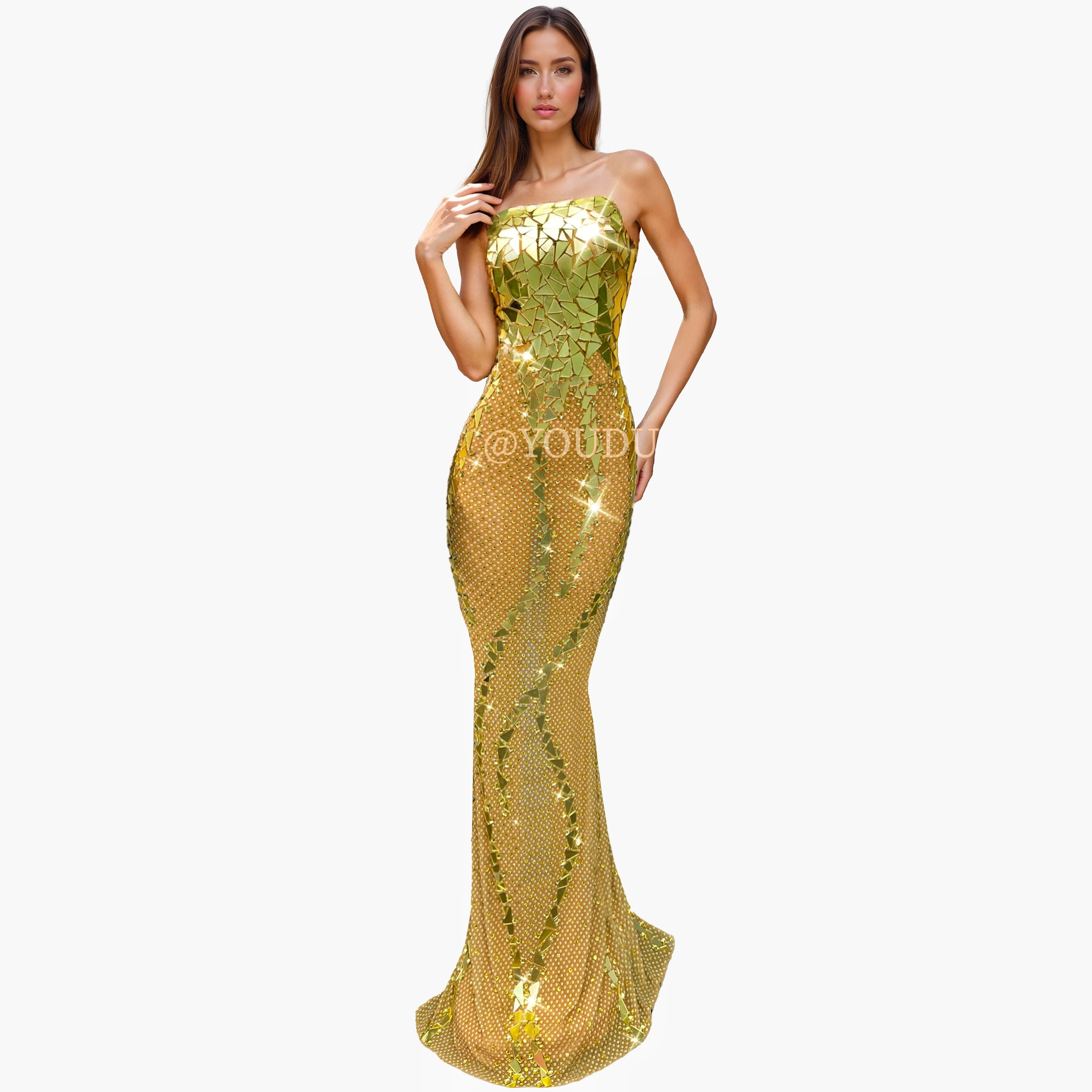 

Luxury Gold Shining Mirrors Rhinestones Mesh Tube Dress Women Evening Cocktail party Gown Red carpet Elegant Outfit Kuishoujin