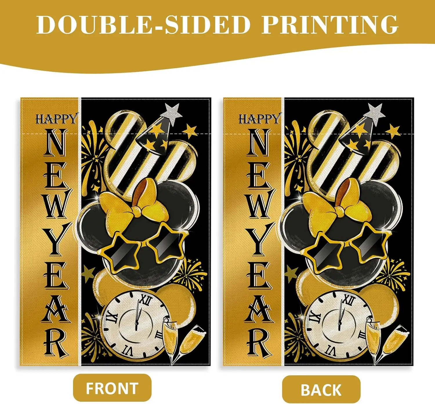 سنة جديدة سعيدة 2026 علم الحديقة المزخرف، ساعة ذهبية سوداء الشمبانيا الألعاب النارية ساحة الزينة الخارجية، عيد الميلاد الذهبي W IIE