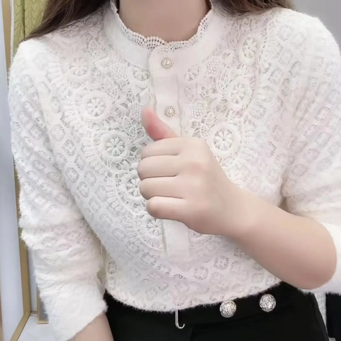 Fashion Elegant Solid Color Lace Spliced Blouse Autumn Winter Women's Clothing Simplicity Long Sleeve Button Fleece Thick Shirt