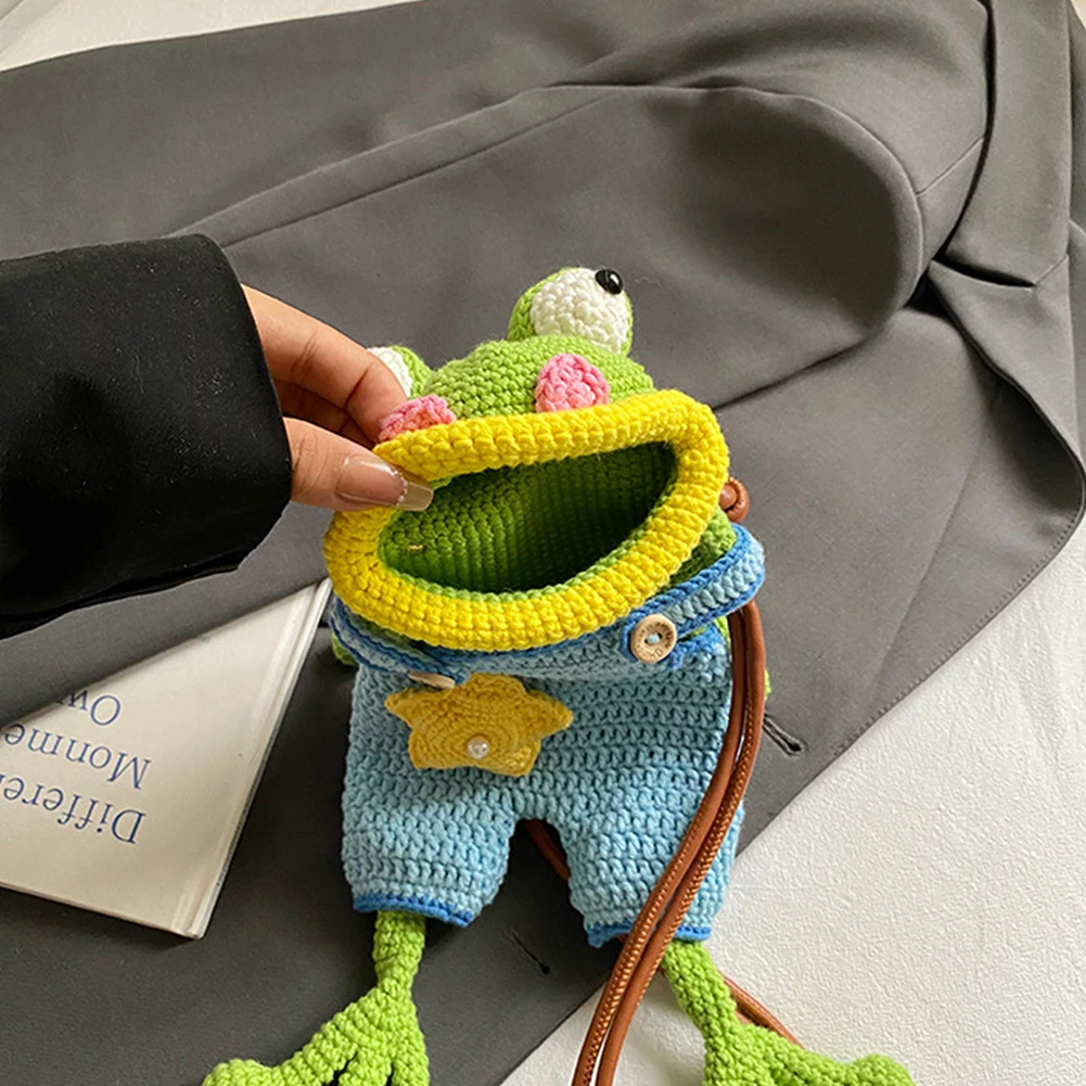 (Finished Product)Cute Big Mouth Frog Coin Bag Hand Woven Small Crossbody Bag DIY Wool Woven Big Mouth Frog Mobile Phone Bag view 5