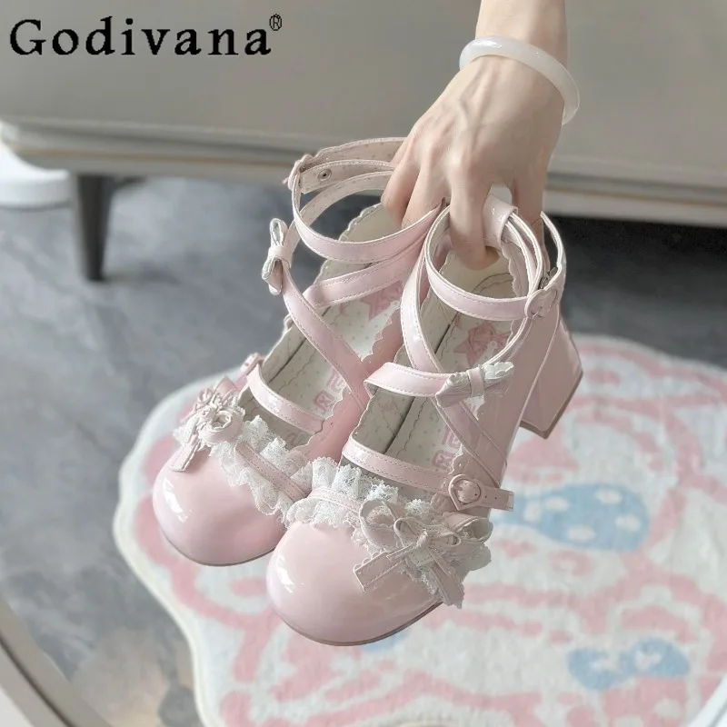 

Original Lolita Chunky Heel Shoes for Women High Heels Bowknot Versatile Shoes Female Lace Edge Sweet Mary Jane Shoes