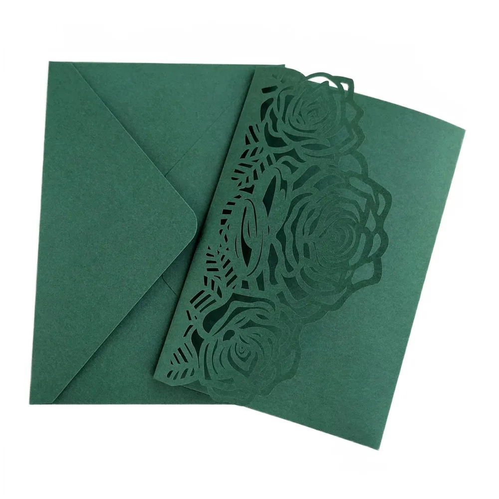 

Personalized Green Wedding Invitation Card With Envelope Hollow Rose Laser Cut Pocket Multi Colors 50 PCS Per Lot