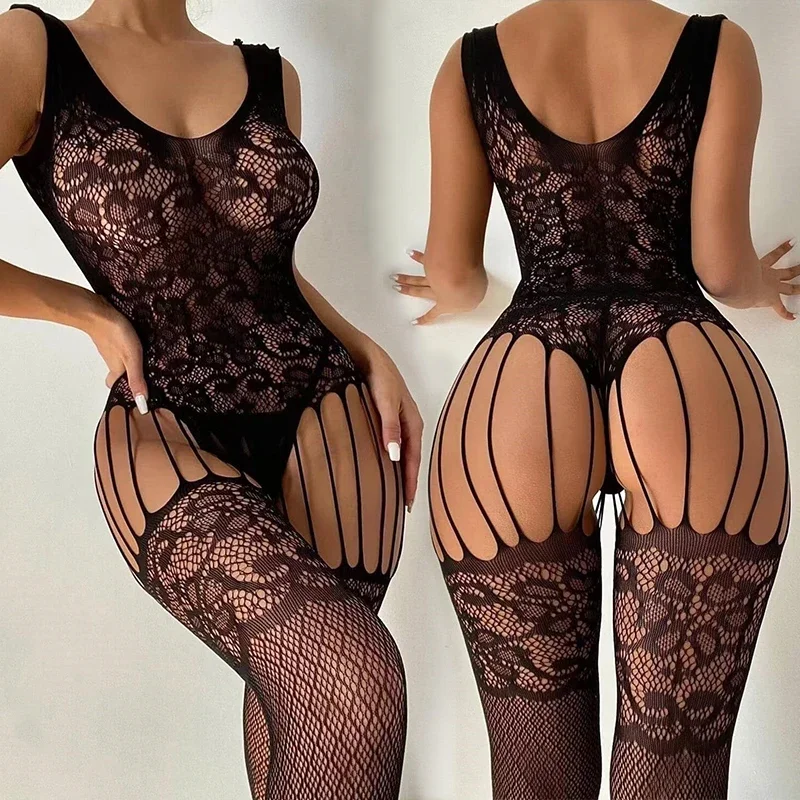 Sexy Costumes For Women Mesh Hollow Bodystockings Erotic Crotchless Lingerie Cosplay Lolita Costumes Teddy Baby Doll Maid Dress