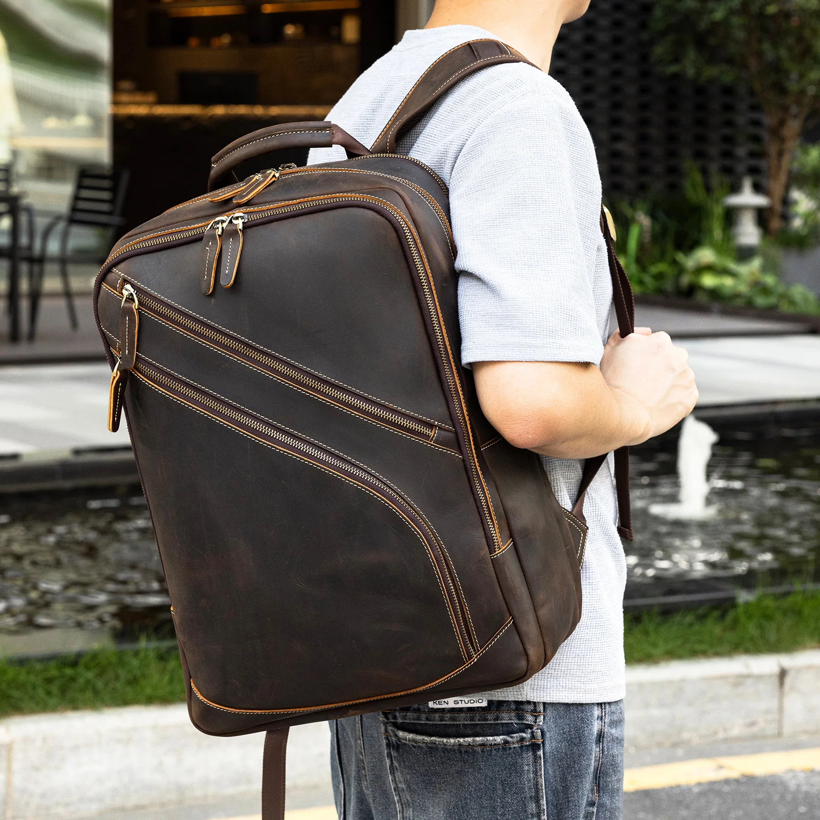 Men's Genuine Crazy Horse Leather Backpack Vintage Business Travel Rucksack Cowhide Outdoor Casual Daypack for Men