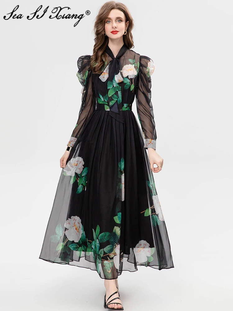 

Seasixiang Fashion Designer Spring Dress Women Lace-up Collar Puff Sleeve Floral Print Bohemian Vintage Long Dresses