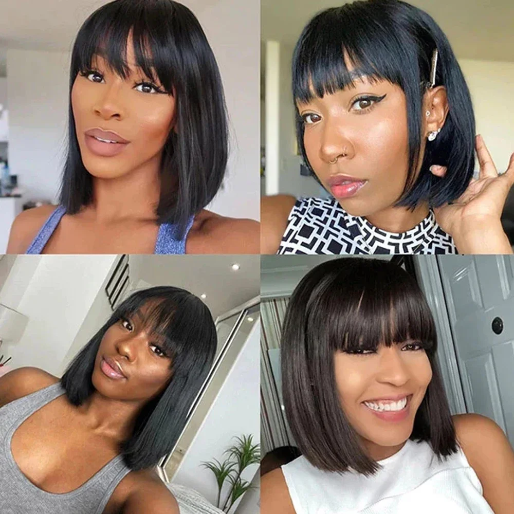 Straight Bob Wig With Bangs Natural Short Straight Wigs For Black Women Machine Made Glueless Brazilian Virgin Hair Bangs Wigs