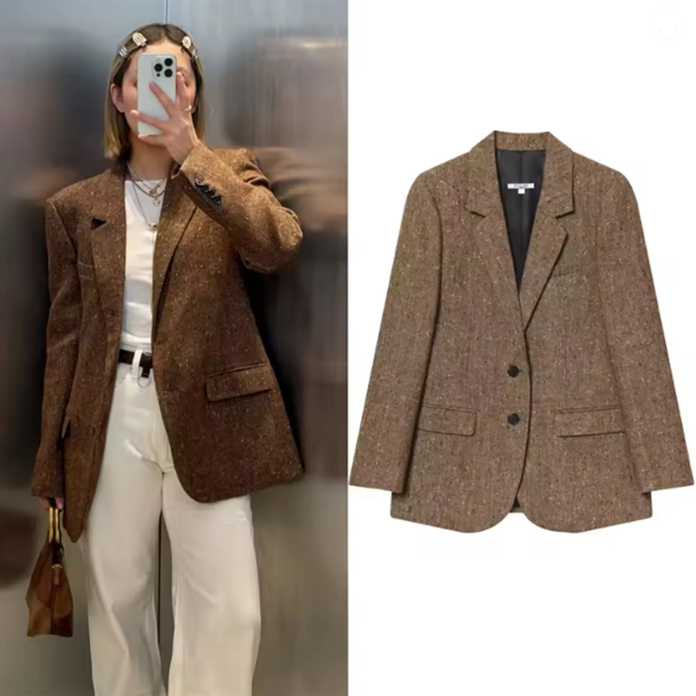 

Женская новая куртка, осень 2021, новый верблюжий свободный пиджак с длинными рукавами и рисунком «елочка», повседневный модный пригородный стиль