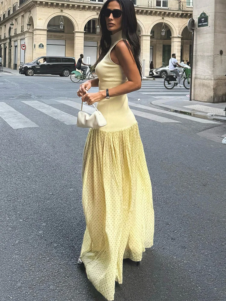 Trendix Women Slim Elegant Maxi Dress Summer Fashion High Neck Patchwork See Through Long Dress Street Casual Party Sexy Dress