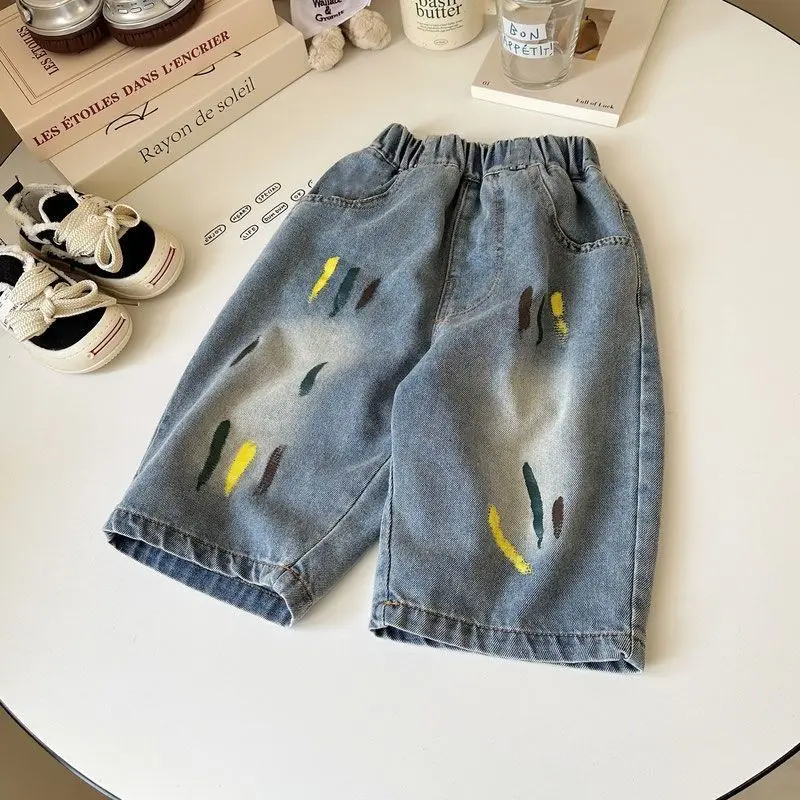 Handsome Knee Length Pants Kids Boy Soft Breathable Denim Shorts Teen Straight Jeans Shorts Summer Casual Thin Graffiti Short