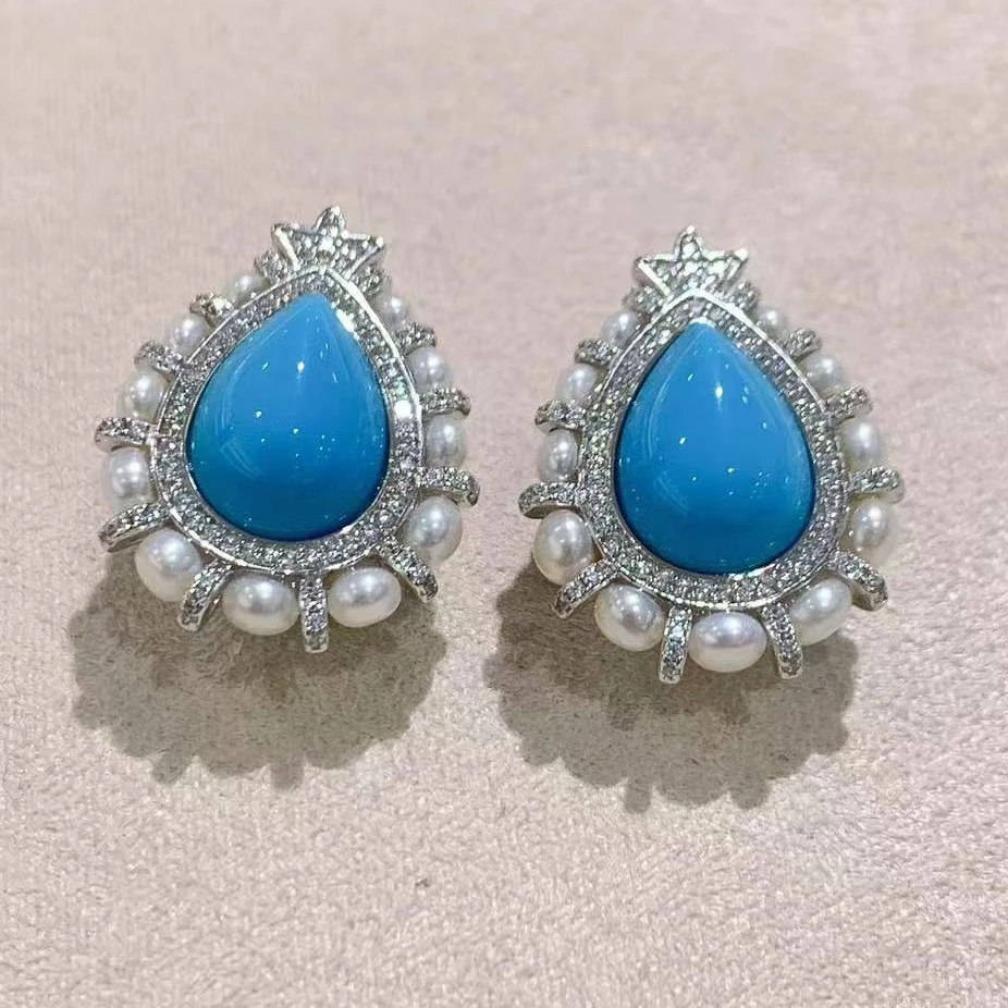 KQDANCE New Hand Craft 925 Sterling Silver Pearl Inlayed Edge Pear Cut Turquoise Earrings Luxury Fine Jewelry For WOmen Gift