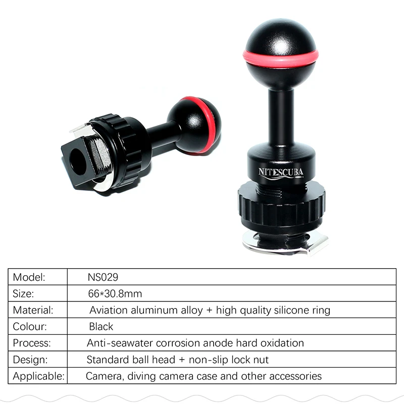 Conector adaptador de base de zapata fría y caliente con cabezal de montaje esférico, adecuado para carcasa de vídeo impermeable de cámaras de buceo