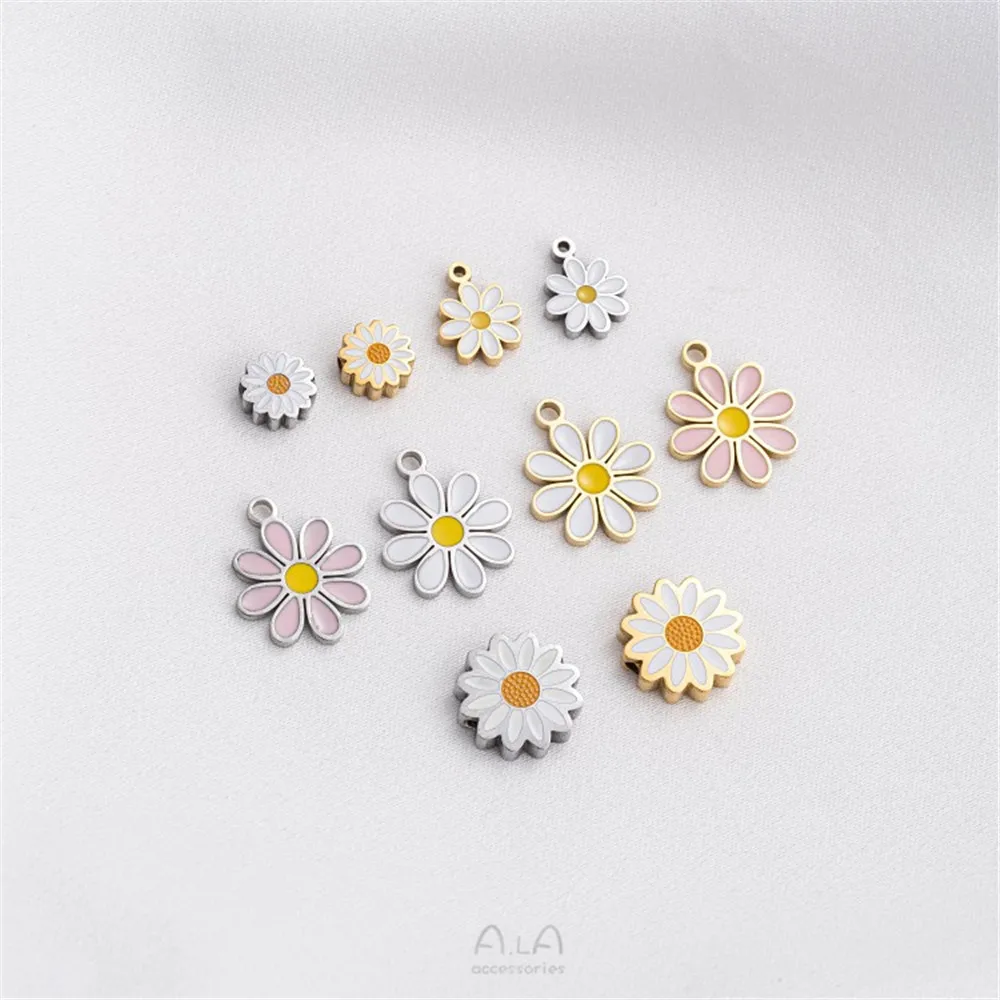 

Titanium Steel Vacuum Plating 14K Real Gold Drop Oil Small Daisy Pendant Pink Small Flower Beads Diy Jewelry Accessories