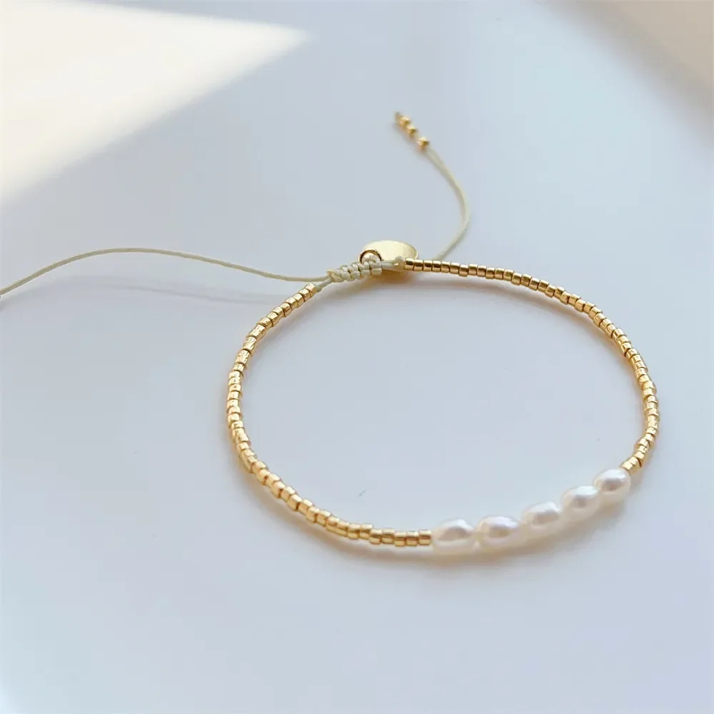 KKBEAD-Pulseras Miyuki para mujer, pulsera de perlas naturales de lujo, cuentas de Color dorado, joyería fina Simple, regalo