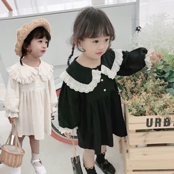 Baby girl dress toddler cotton  girl dress child clothing comfy soft long sleeve  dress trimmed with white lace.