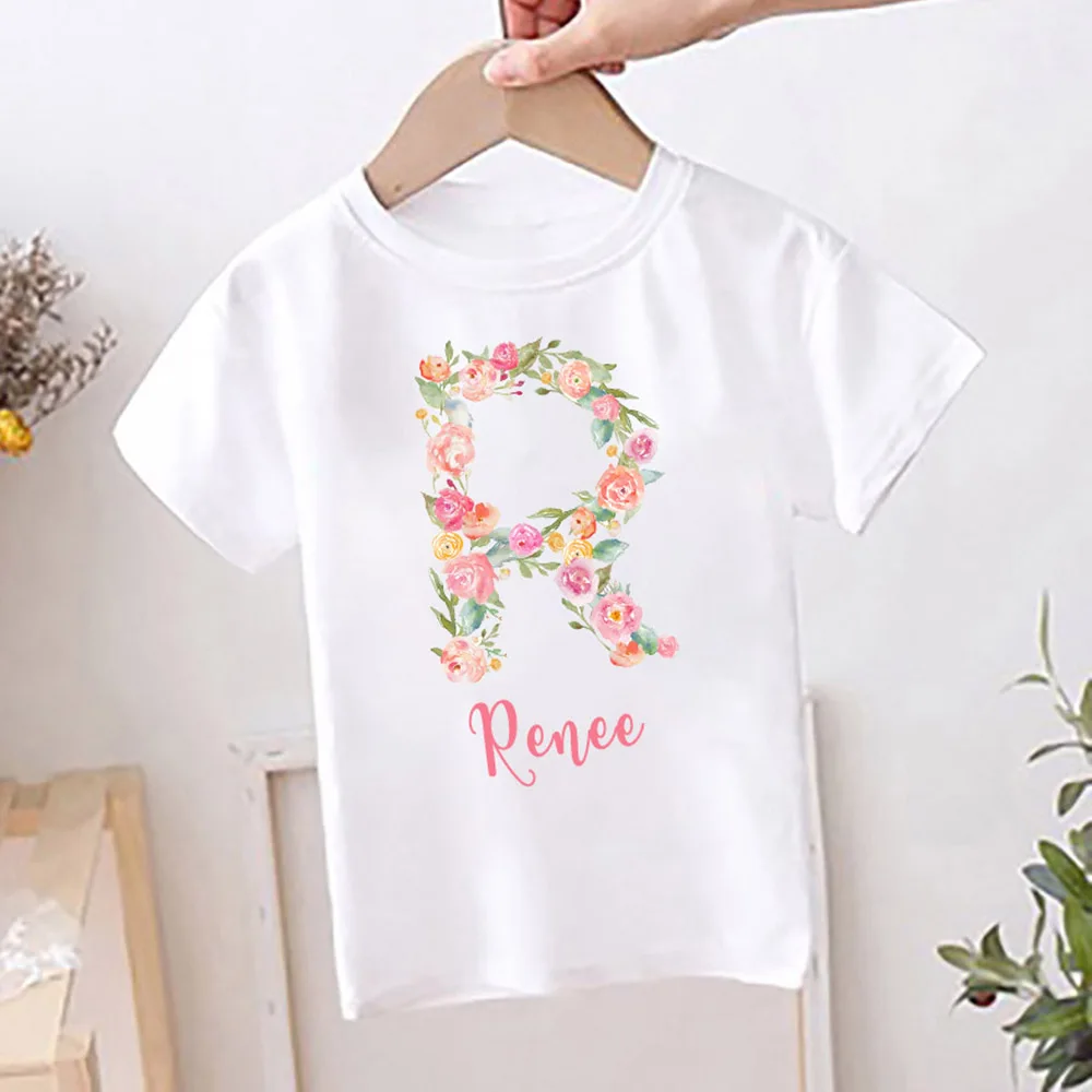 Personalised Flower Letter Print Kids Birthday T-shirt Child Custom Name Clothes Tops Girls Shirt Birthday Party Present T Shirt