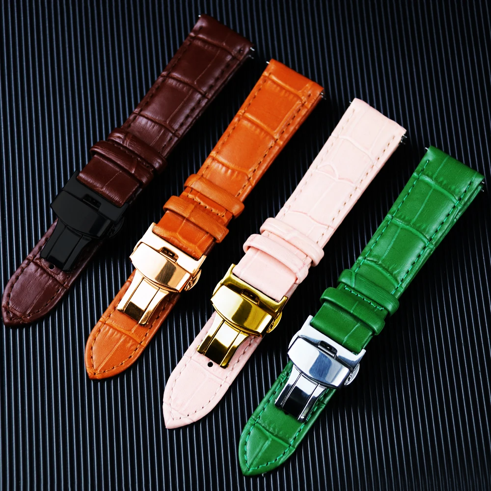 *real genuine*Quick Release Genuine Leather Watch Strap Parts Accessories with Butterfly Buckle Green Blue Accessory for watch