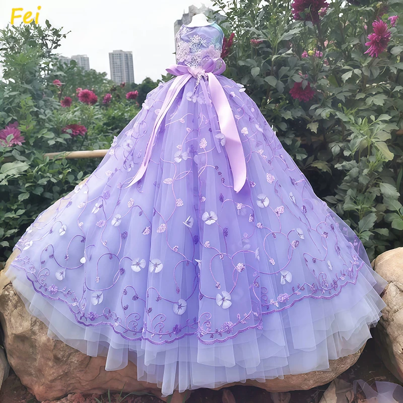 

Luxury Purple Dress HandmadeLace Bow Pet Apparel Floral Embroidery Halloween Dog Costume for Small Dogs chic Elegant Dog clothes