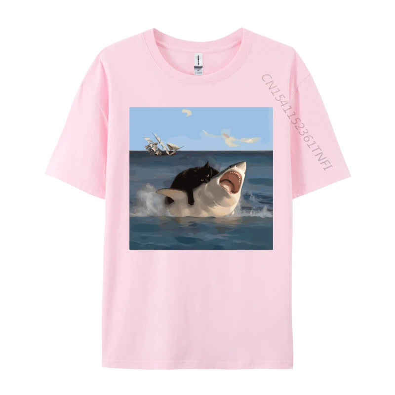 Cat Biting Shark Funny Art And Cat Lover Funny Cat And Shark Printed Cotton Men Tops Shirt Normal Tops Shirt Hip Hop T-Shirt