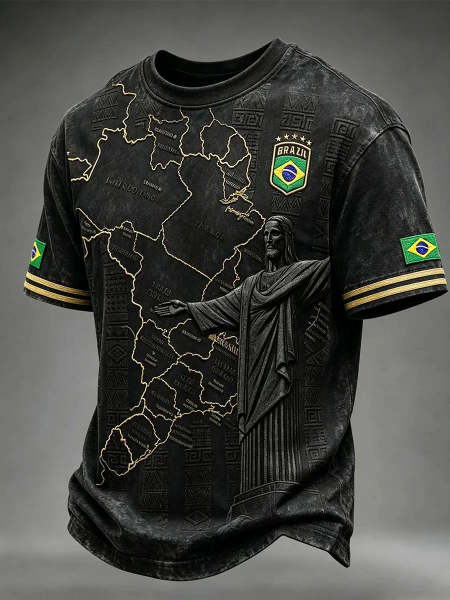 Modisches 3D-Südamerika-Karten-Print, Goldstreifen, Maßanfertigung für Fußballfans, Schwarzes T-Shirt im brasilianischen Street-Freizeitstil – Detail 3