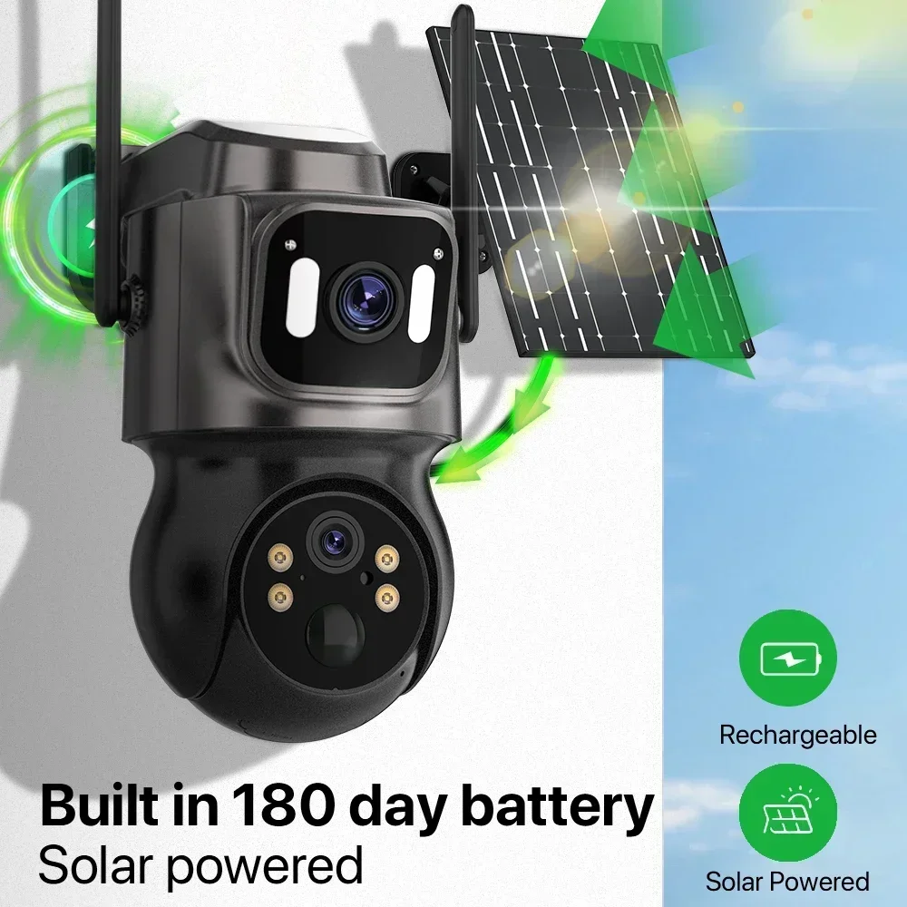 External Wireless Dual Lens 4MP Solar Camera Built-in Battery WiFi Security Camera Surveillance Human Detection PTZ Camera iCSee