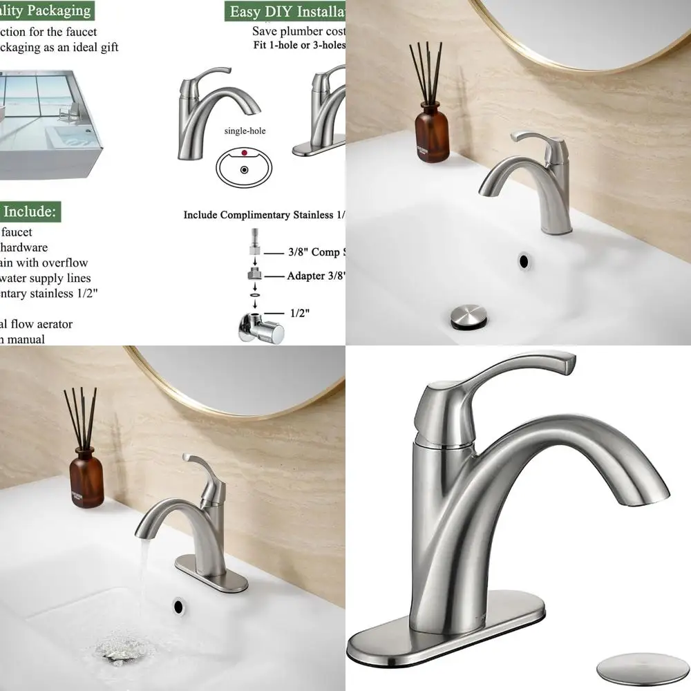 

Single Hole Brushed Nickel Bathroom Faucet with Deck Plate, Pop-Up Drain, and Water Lines - TAF206-BN
