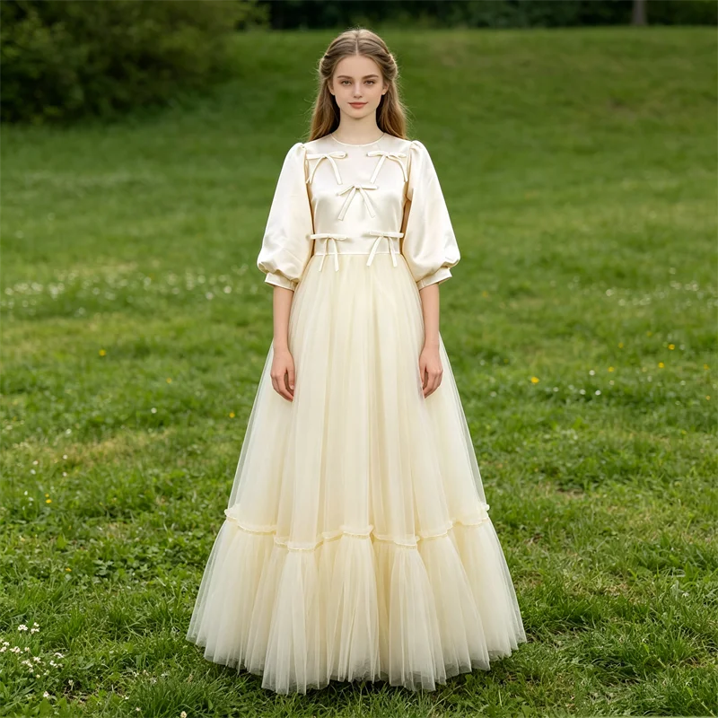 

Real Photo Customized Flower Girl Dress Champagne Modest O-neck 3/4 Sleeves A-line Floor Length Plus size Party Kids Gown ML005