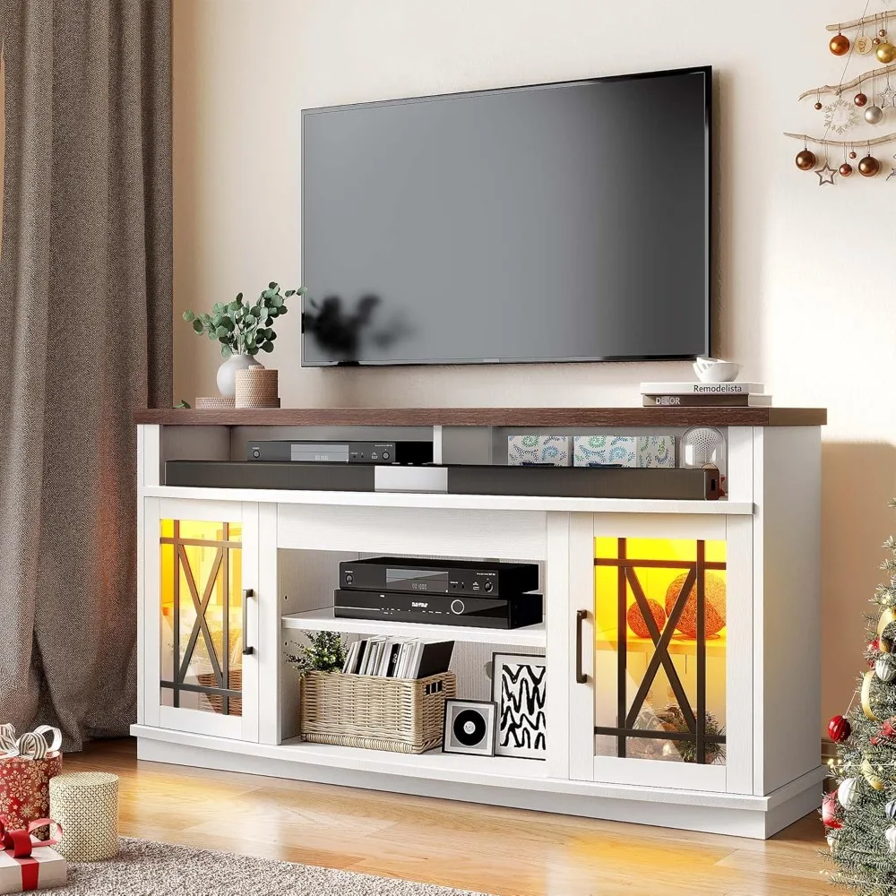 

65/55 Inch TV Farmhouse Style Entertainment Center, 32" Height with Adjustable Shelf and Glass Doors