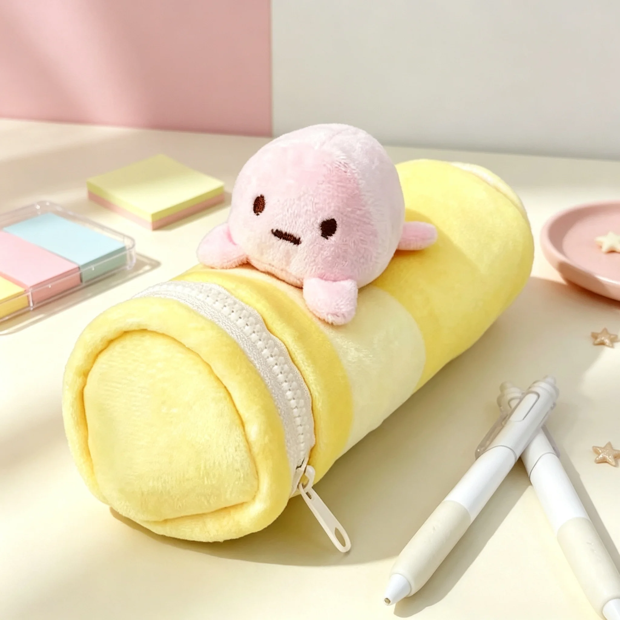 Japanese Anime Sumikko Gurashi Stationery Box Kawaii Cartoon Character Circular Plush Zipper Pencil Case Friend's Birthday Gift