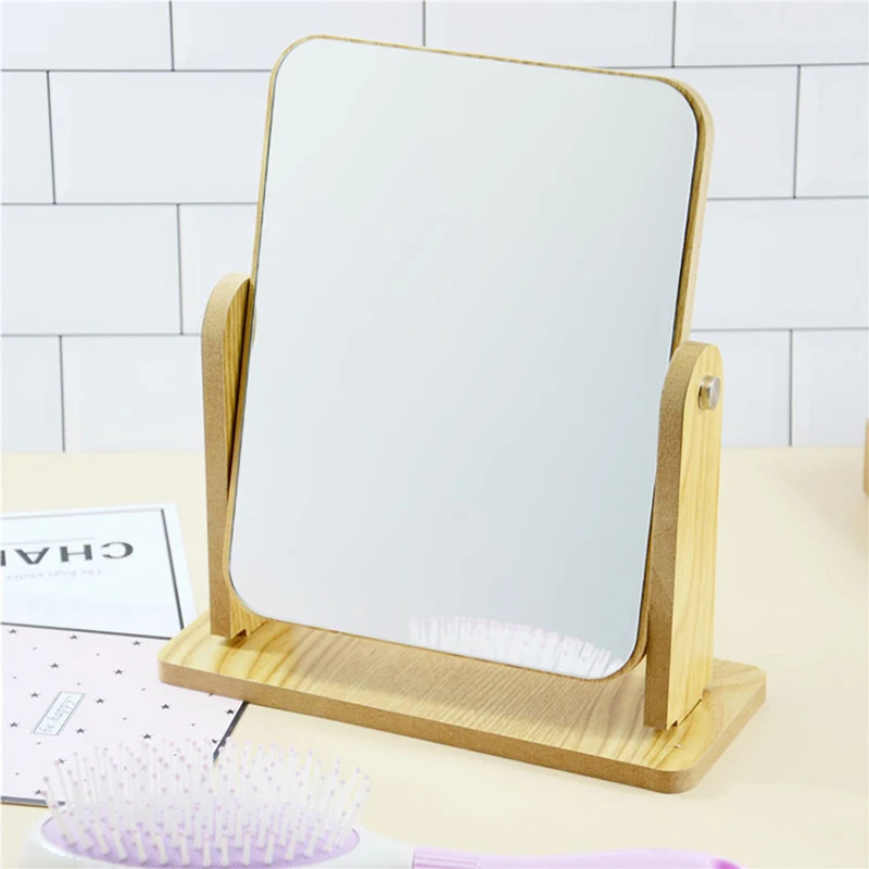 Espejo de madera giratorio para maquillaje, espejo de escritorio giratorio HD, portátil, cosmético para el hogar, accesorios de herramientas de estilismo para el cuidado del cabello y belleza