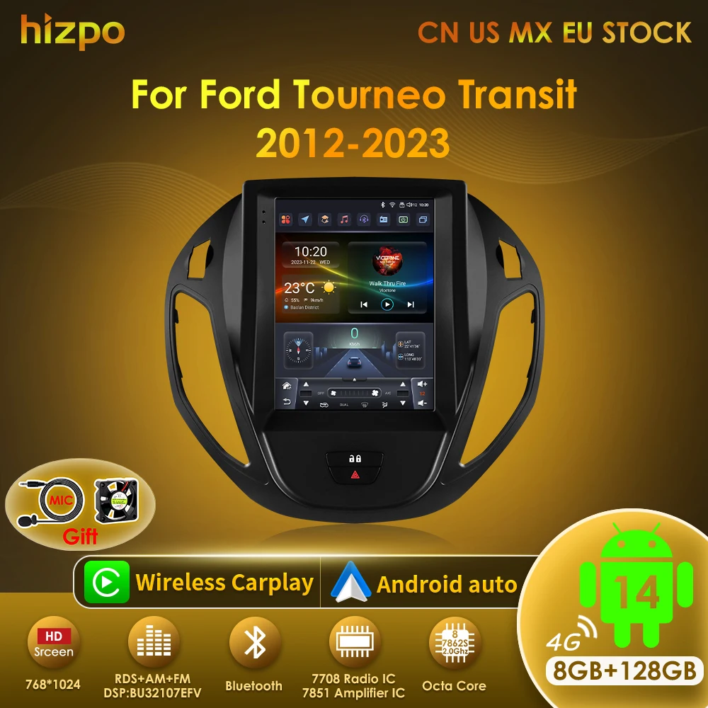 Hizpo 9,7" Tesla-Style Radio für Ford Transit Tourneo Courier 2013-2021 GPS Auto-Multimedia 2din Android Auto CarPlay 4G BT