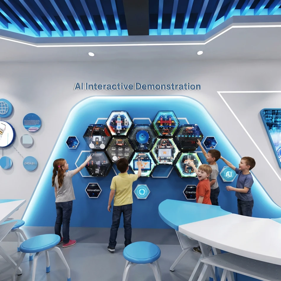 Modular K12 Knowledge Sharing Science Workshop Hexagon AI Interactive Demonstration Wall for Experience Study Tour Base