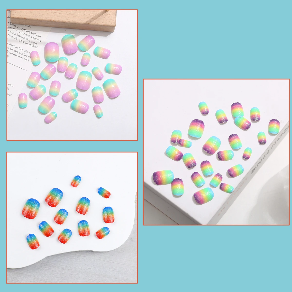 24 個レインボーキッズプレスオンネイルプレグルー子供グラデーショングリッター偽ネイルアートのヒントショートフルカバー偽爪女の子のため