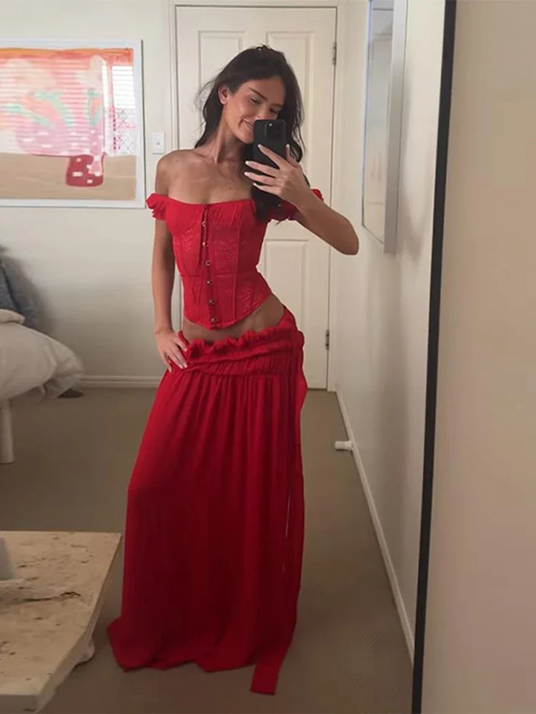 

Chic Red Ruffled Skirt Set Women Elegant Off Shoulder Single Breasted Slim Tank Top A Line Long Skirts 2025 Fashion Lady Suits
