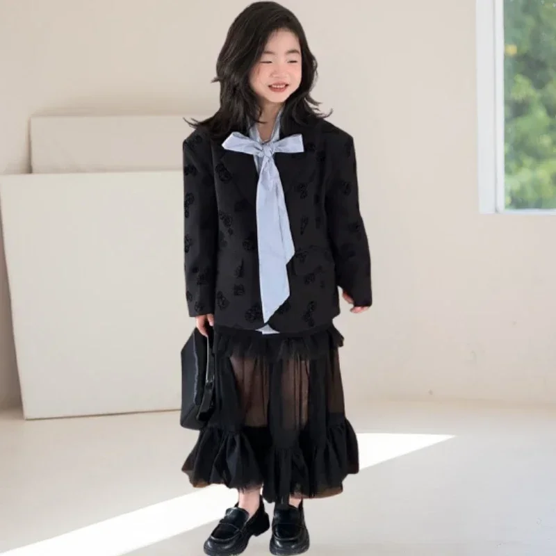 Suit for Girls Autumn Casual Printed Blazer Jacket Mesh Skirt 2pcs School Uniform Kids Clothes Set 2-13 Years Children Costumes
