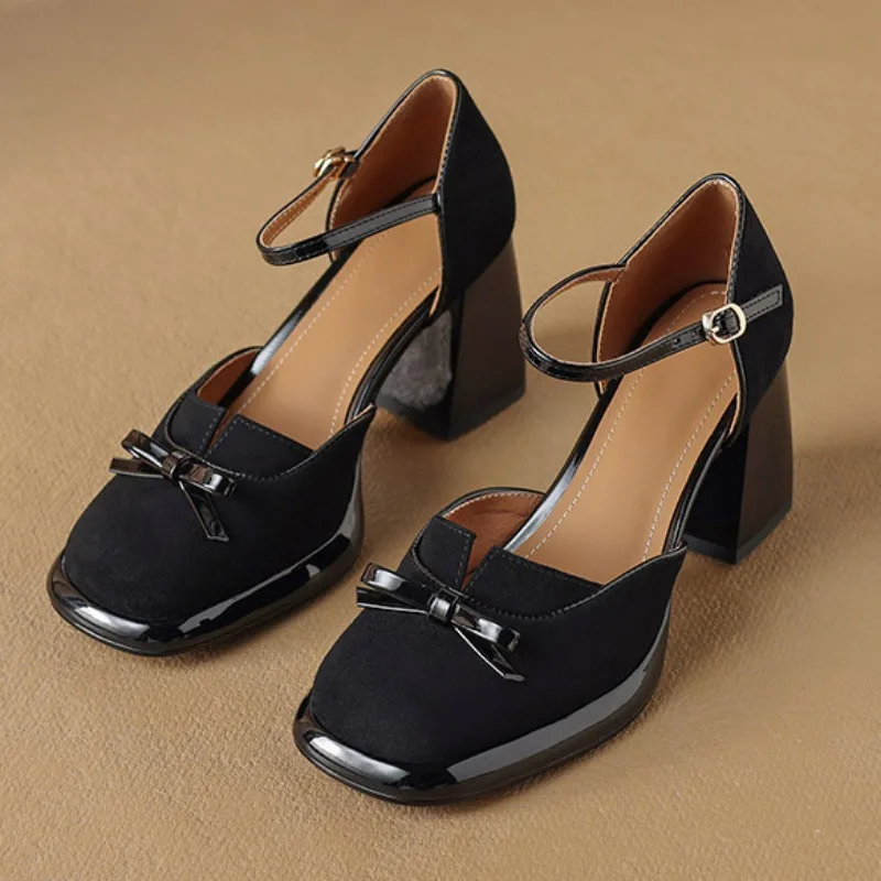 Fashion Sandals Summer New Suede Shallow Bow Single Shoes Woman\'s Head Thick Heel Platform Retro High Heels
