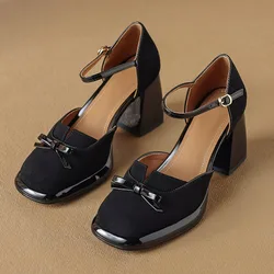 Fashion Sandals Summer New Suede Shallow Bow Single Shoes Woman's Head Thick Heel Platform Retro High Heels