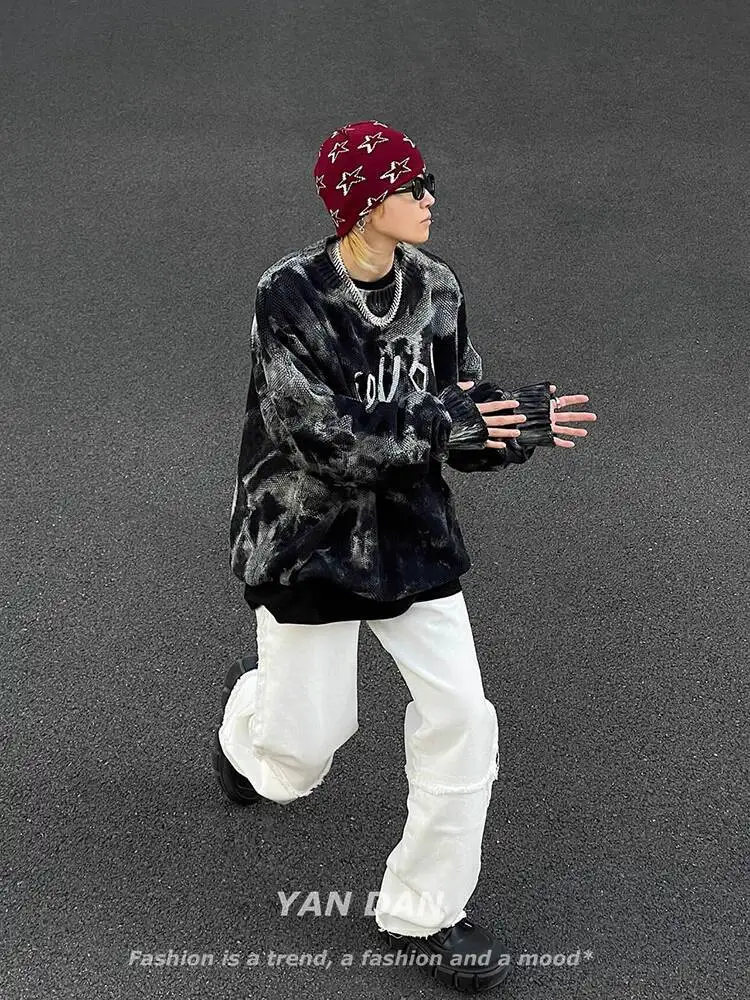 Gothic punk Men's knitting sweater Retro Tie Dye Gradient Knit Sweater Black Street Style Hip Hop Fashionable Pullover Outerwear