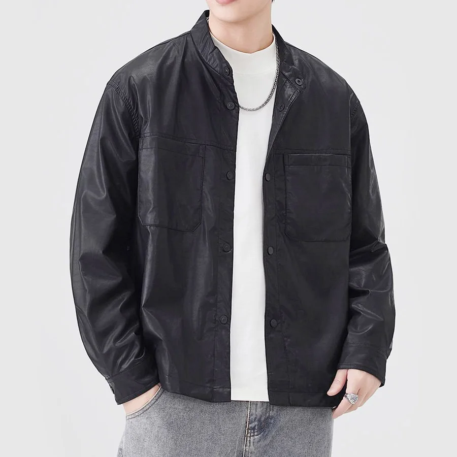 

Мужская уличная модная свободная повседневная рубашка-карго из искусственной кожи с воротником-стойкой, стильная мотоциклетная куртка, весенне-осеннее пальто, верхняя одежда