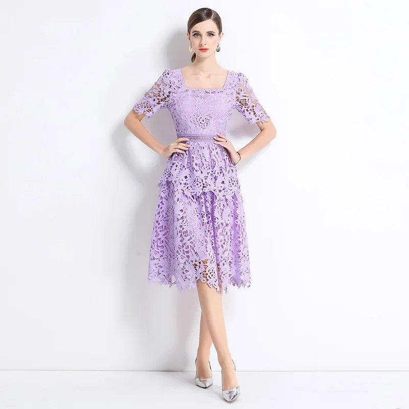 Ele évider dentelle Midi Dr col carré Soluble Faion minceur conception originale fabricant chinois hiver Thi K...